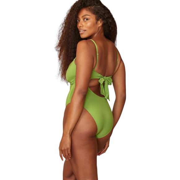 Monday Swimwear Bordeaux One Piece Swimsuit Medium Cypress Green Tie Back - Picture 2 of 10
